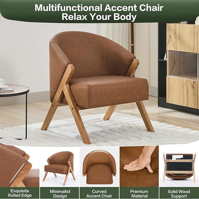 PU Leather Mid-Century Modern Accent Chair with Wooden Legs Comfortable Upholstered Reading and Leisure Chair for Living Room Bedroom and Waiting Room-Brown