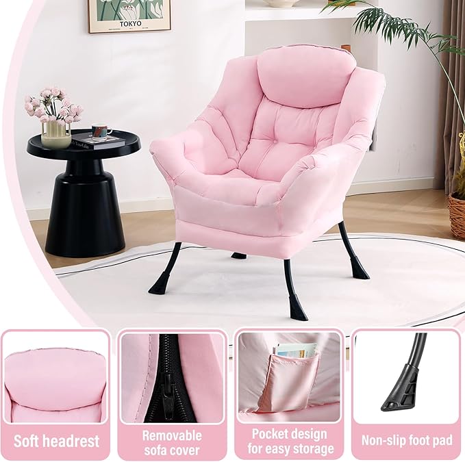 Lazy Chair Large Accent Chair Modern Comfy Armchair Pink Chair for Living Room Bedroom Dorm Room Office Apartment Reading Relaxing Use