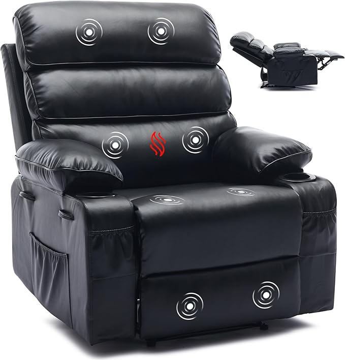 Recliner Chair Modern Ergonomic Lounge Single SofaPU Leather Rocker Recliner Chairs with Massage and Heat &amp Adjustable Backrest and Footrest for AdultNurseryBlack