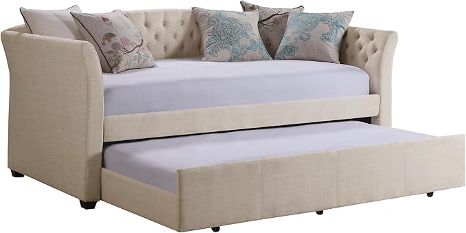 Rosevera Adrie Upholstered Twin Daybed with Tufted Button Daybed with Trundle Sofa for Living Room Bedroom Guest Room Beige Velvet