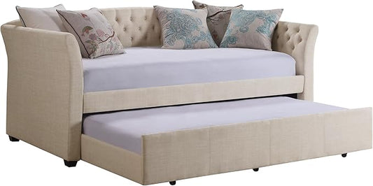 Rosevera Adrie Upholstered Twin Daybed with Tufted Button Daybed with Trundle Sofa for Living Room Bedroom Guest Room Beige Velvet