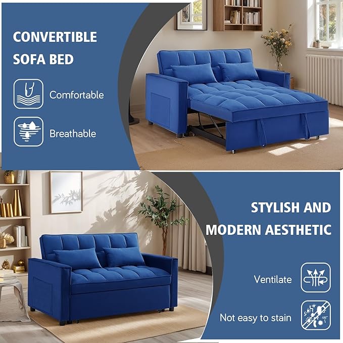 55 Convertible Full Size Sofa Bed 3 in 1 Velvet Sleeper Sofa with Pull-Out Bed Futon Couch with Adjustable Backrest and Side PocketModern Loveseat for Small SpacesLiving Room (Blue)