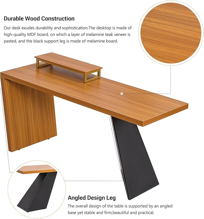 63 Modern Executive DeskRustic Industrial Wooden Writing DeskStudy Desk with Monitor StandRectangular Computer Desk for Home OfficeLiving RoomTeak