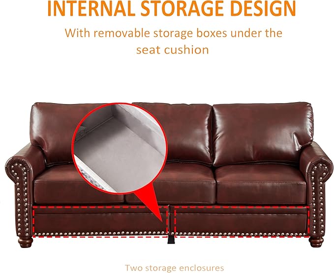 KEIKI 5 Seat Chesterfield Sofa Retro Style Upholstered Faux Leather PU Couch with Storage Space Rolled Arm Nailhead for Living Room Bedroom Office Apartment Burgundy