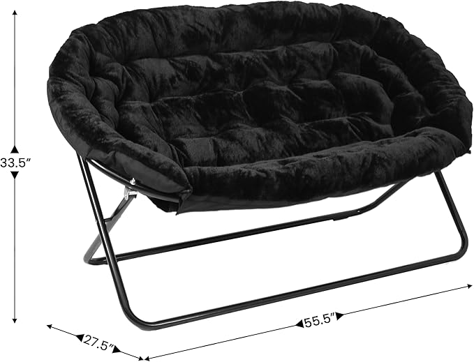 BizChair 56 Portable Folding Double Saucer Chair in Black Faux Fur with a Black Steel Frame for Dorm Living Room or Bedroom