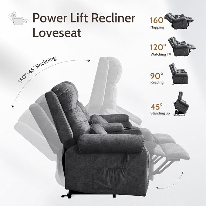 Power Lift Recliner LoveseatVelvet Reclining Loveseat Sofa RV Couch with ConsoleDual Power Lift Recliner Chair for Elderly with Heat and MassageElectric Lift Chairs for Living Room (Gray)