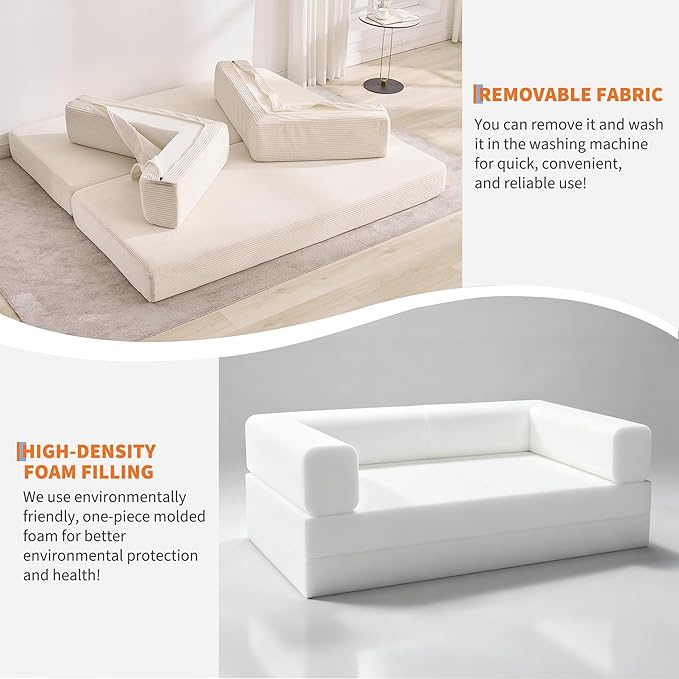 Convertible Sleeper Sofa Bed 78.8 Floor Sofa Bed 5-in-1 Folding Mattress Couch Loveseat with Fixed-Shape Frame Pillow Corduroy Fabric for Living Room Bedroom Lounge Beige