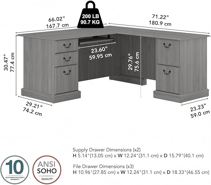 Bush Home Saratoga L Shaped Computer Desk with Drawers and Storage in Modern Gray | Large Corner Office Table for Workspace