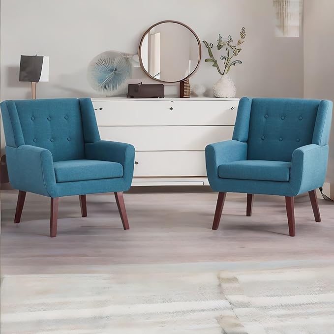 HUIMO Accent Chair Set of 2 Upholstered Button Tufted Armchair Linen Fabric Sofa Chairs for Bedroom Living Room Mid Century Modern Comfy Reading Chair (2Lake Blue)
