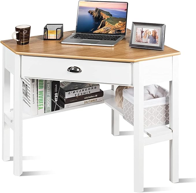 Goplus Topment Corner Desk with a Slide Out Drawer Triangle Home Computer Desk Writing Table with an Open Shelf Freestanding Gaming Desk for Apartment Office Workstation for Dorm Laptop Desk