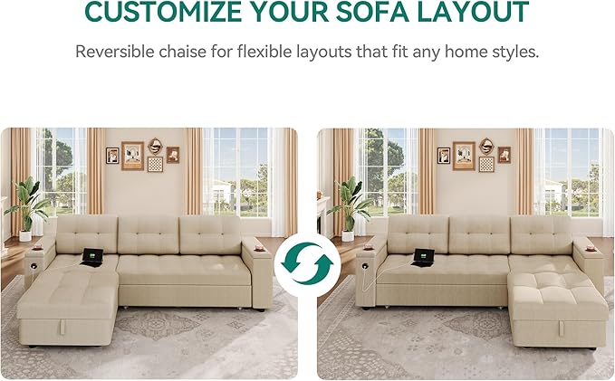 YITAHOME Sleeper Sofa L-Shaped Sofa Couch Bed with Storage Chaise &amp USB Reversible Sleeper with Pull Out Bed 4-Seat Fabric Convertible Sofa 2-in-1 Pull Out for Living Room Beige