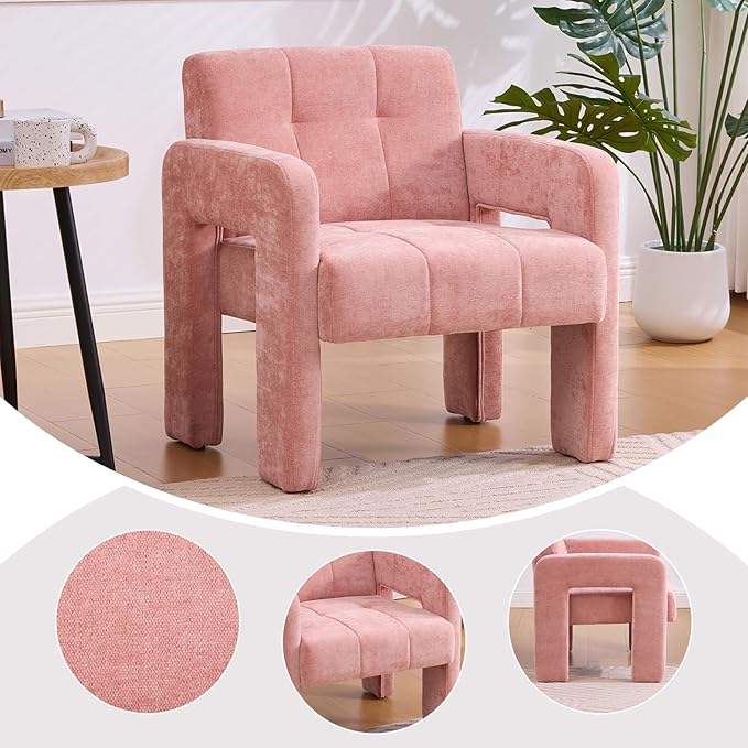 Modern Accent Chair Set of 1 Chenille Fabric Upholstered Reading Armchair Mid-Century Leisure Comfy Single Sofa Chair for Living Room Bedroom Home Office (Pink Set of 1)