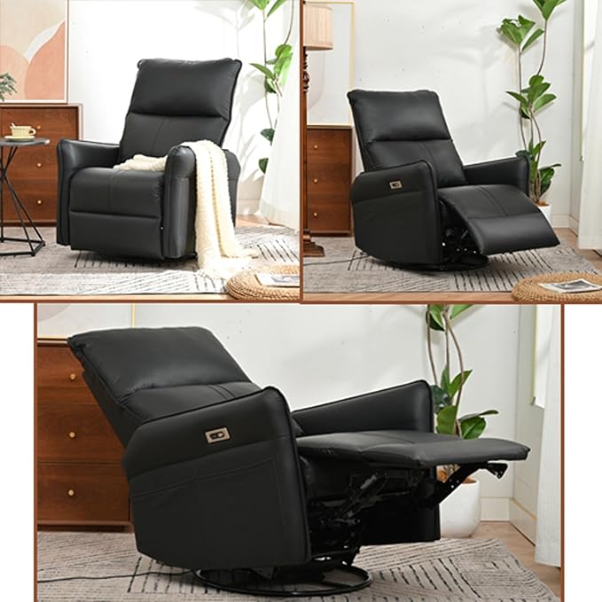 Electric Recliner Chairs for Adults Power Swivel Rocker Recliner Chairs &amp Nursery Glider Recliner with USB Pockets PU Leather Lazy Boy Recliner Chair &amp Small Recliners for Small Spaces (Bla