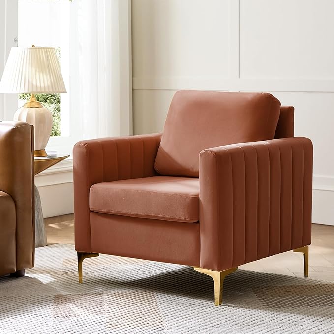 Modern Upholstered Velvet Accent Chair Velvet Armchair Club Chair with Gold Metal Legs Mid-Century Barrel Leisure Comfy Reading Chair for Livingroom Bedroom Coral