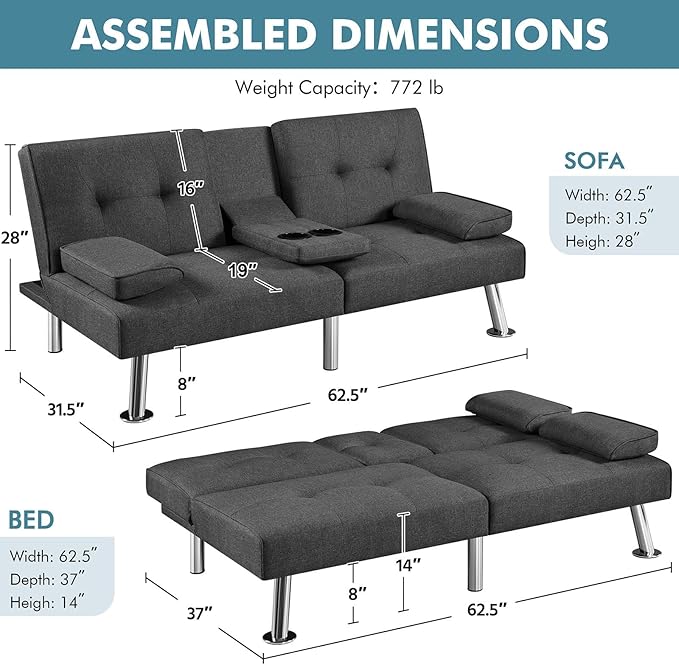 Yaheetech Convertible Sofa Bed Adjustable Fabric Couch Sleeper Modern Recliner Reversible Loveseat Folding Daybed Guest Bed Removable Armrests Cup Holders 3 Angles 772lb Capacity Dark Gray
