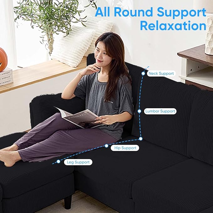 Mjkone Sectional Sofa Couch with Ottoman U Shape Sofa for Living Room Corduroy Convertrible Couches with Double Chaises 6 Seater Sofas for Living Room/Home Office/Guest (Black)
