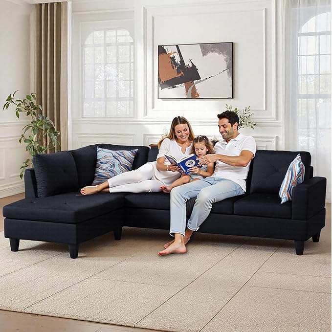 Modular L-Shaped Sectional Sofa Modern Couches with Movable Chaise Convertible 4-Seater Couch for Bedroom Apartment &amp Office Black