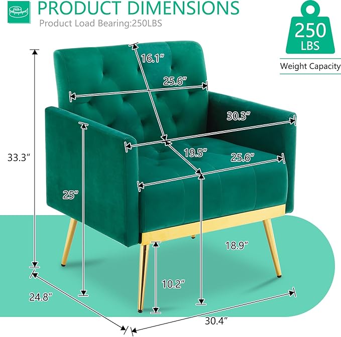 Velvet Accent Chairs Set of 2 Modern Button Tufted Armchair with Metal Legs Small Comfy Upholstered Single Reading Club Chair for Living Room Bedroom Office Decorative(Green)