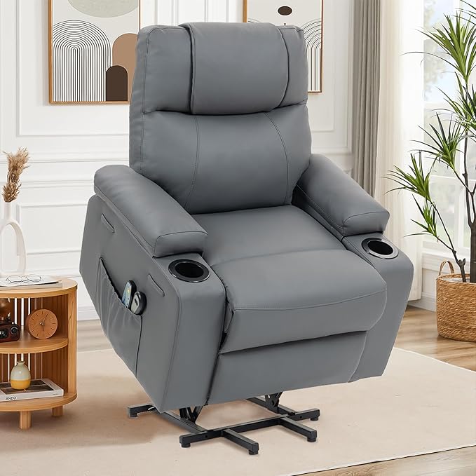 Power Lift Recliner Sofa Chair Electric Stand Assit for Elderly People Leather Reclining Chair with Cup Holders Massage &amp Heat Functions Living Room or Bedroom Furniture for Resting Gray