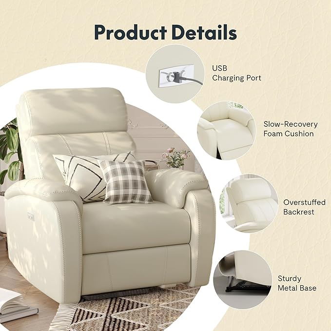 FLEXISPOT X3 Power Recliner Chair Adjustable Electric Recliner with USB Port Thick Cushion &amp Padded Back Comfortable Faux Leather Chair for Adults Living Room Nursery Home Theater (White)