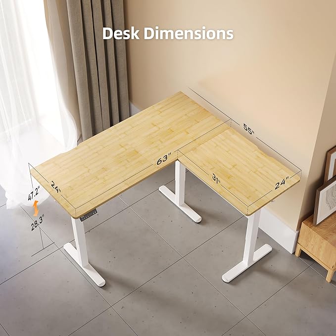 Claiks L Shaped Standing Desk Adjustable Height Dual Motor Electric Corner Standing Desk 63x55 inch with Splice Board Bamboo