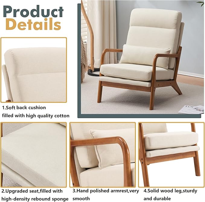 Accent Chair for Living Room Mid-Century Modern Upholstered Armchair with PillowReading Arm ChairComfy Accent Chair for Bedroom