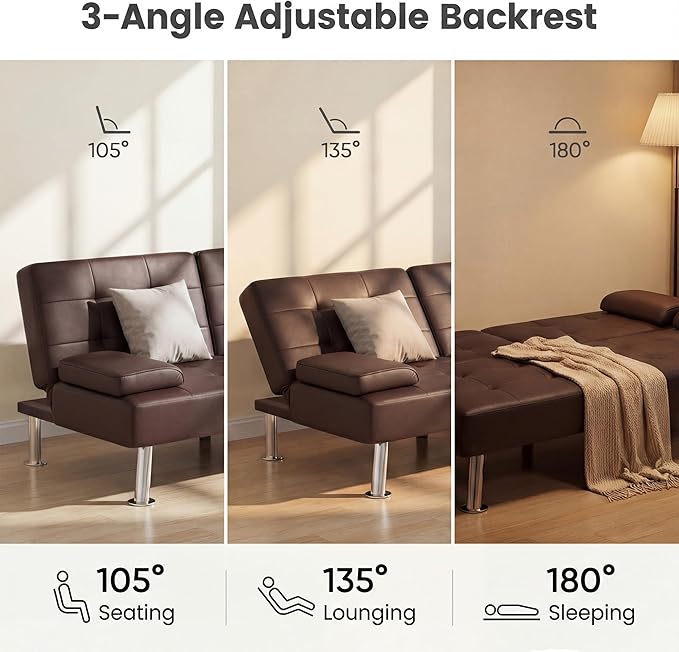 YESHOMY Modern Futon Sofa Bed Convertible Futon Couch with Adjustable Backrest Futon Loveseat Sleeper Sofa Bed with Armrest for Living Room Small SpacesPU Leather Brown
