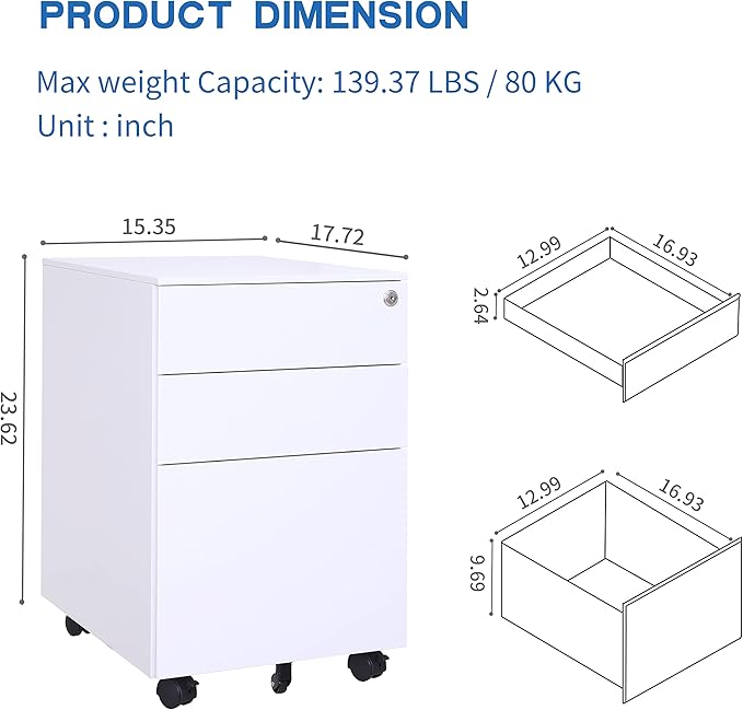 Generic 3 Drawer Mobile File Cabinet with Lock Steel File Cabinet for LegalLetterA4F4 Size Fully Assembled Include Wheels Home Office Design White