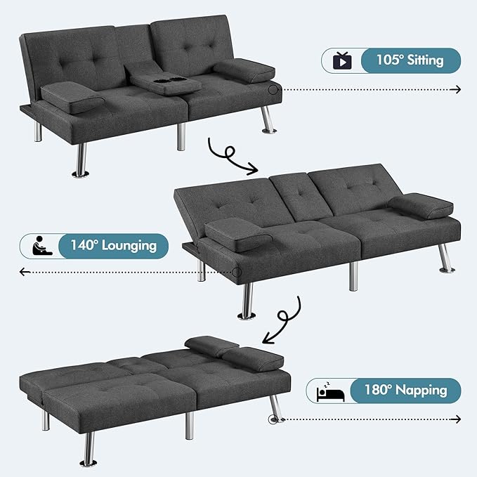 Yaheetech Convertible Sofa Bed Adjustable Fabric Couch Sleeper Modern Recliner Reversible Loveseat Folding Daybed Guest Bed Removable Armrests Cup Holders 3 Angles 772lb Capacity Dark Gray