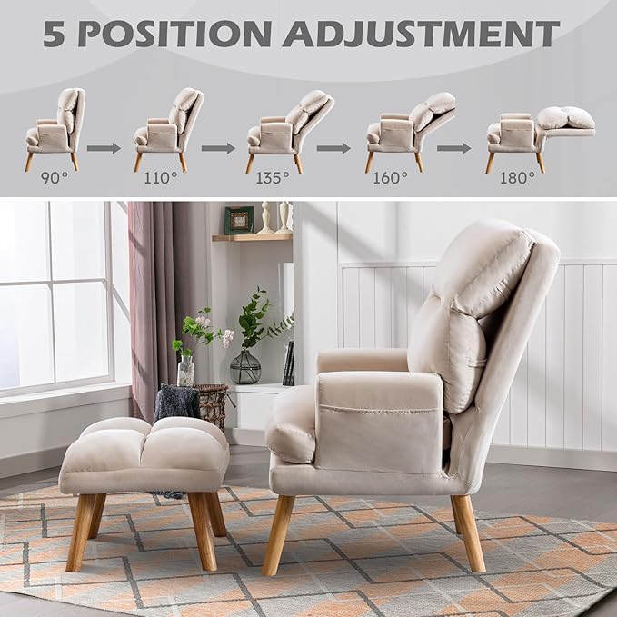 Accent Chair with Ottoman Comfy Reading Chair Armchair with Adjustable Backrest and Side Pockets Soft Fabric Leisure Sofa for Bedroom Living Room Dorm Rooms Garden Beige