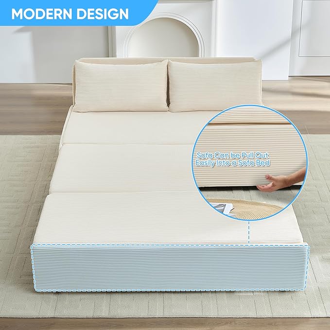Mjkone 64 Width Sofa Bed Queen Size with Pull Out Couch Beds 2-in-1 Modern Corduroy Living Room Pull Out Sleeper Sofa Bed Couch with Cushions and Throw Pillows for Apartment Home Office Beige