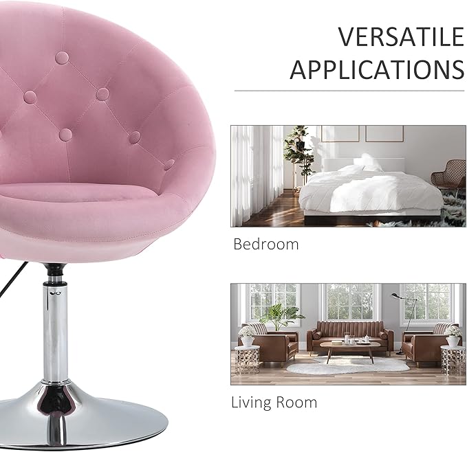 HOMCOM Modern Makeup Vanity Chair Round Tufted Swivel Accent Chair with Chrome Frame Height Adjustable for Living Room Bedroom Pink