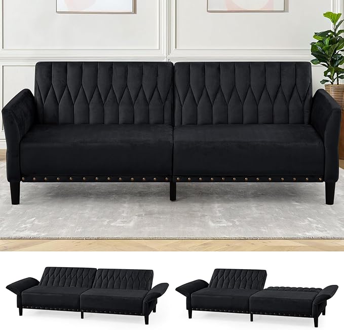 77 Inches Velvet Sofa Bed w/Adjustable Backrests &amp Armrests Convertible Sleeper Sofa w/Nailhead Trim Modern Loveseat Couch with Sturdy Legs for Living RoomOfficeBlack