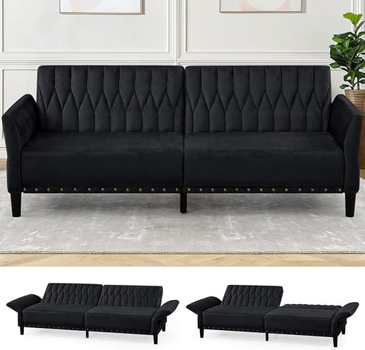 77 Inches Velvet Sofa Bed w/Adjustable Backrests &amp Armrests Convertible Sleeper Sofa w/Nailhead Trim Modern Loveseat Couch with Sturdy Legs for Living RoomOfficeBlack