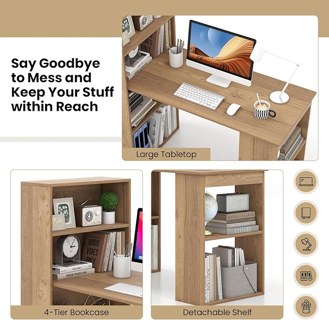 48 Inch Computer Desk with Bookshelf Reversible Study Writing Desk with Storage Shelves &amp CPU Stand Compact Office Desks &amp Workstations Small Desk for Bedroom Kids Room Study (Natural)