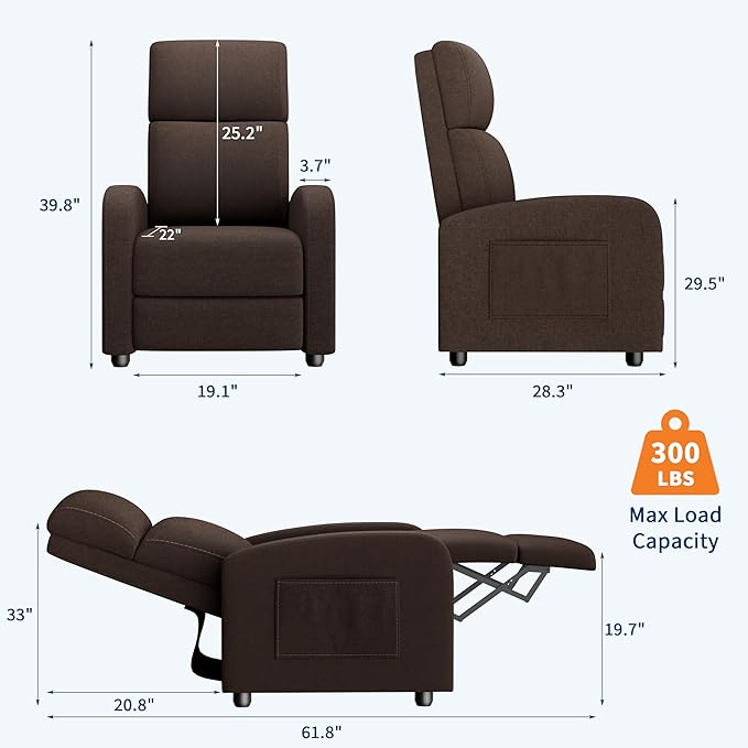 Premium Linen Manual Recliner Chair - High Backrest &amp Thick Cushion for Superior Comfort Adjustable Push Back Recliner with Side Pocket Gray Lounge Chair for Living Room &amp Bedroom