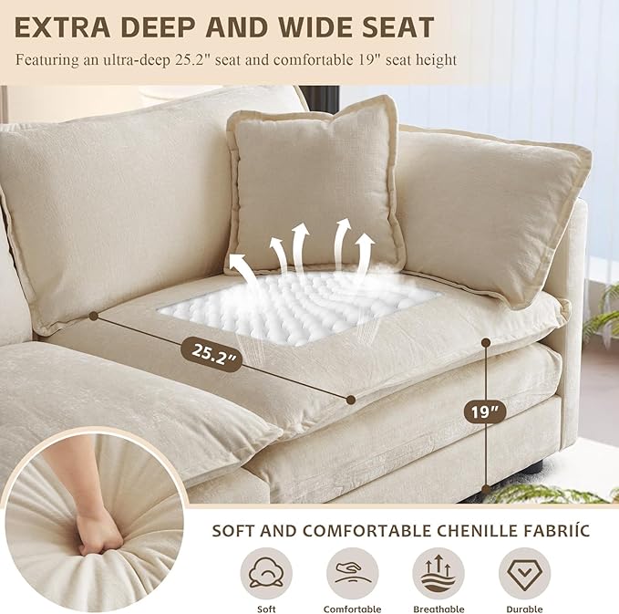 SoarFlash Chenille Sectional Sofa Comfy Modular Coush Sofa with Ottoman Modern 3 Seat Recliner Deep Seat Sofa Set for Living RoomLight Coffee