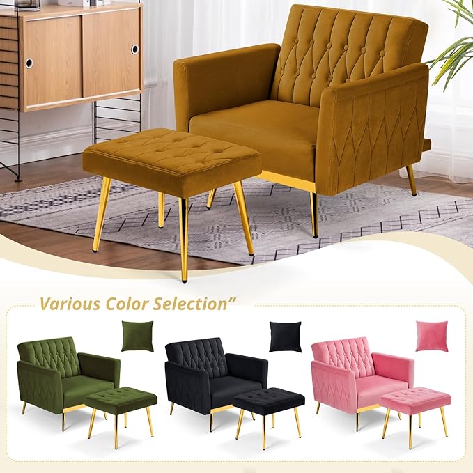 Velvet Accent Chair with Adjustable Armrests and Backrest Button Tufted Lounge Chair Single Recliner Armchair with Ottoman and Pillow for Living Room Bedroom Ginger