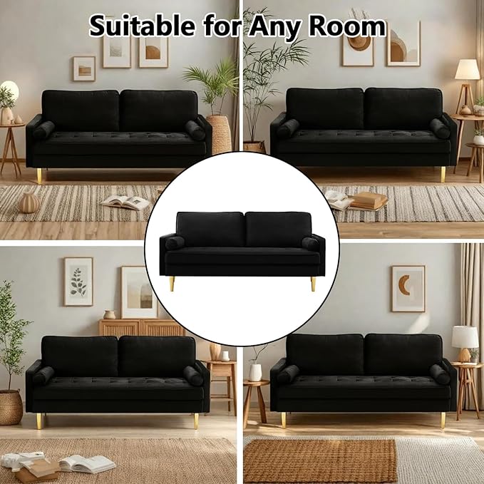 65 Love Seat Sofa Velvet Small Sofa Small Couch for Bedroom Living Room Bedroom Loveseat with 2 Pillows Gold Legs Modern Tufted Seat Upholstered Seating for Office Apartment (Black)