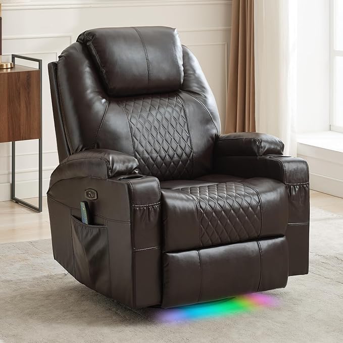 Power Swivel Rocker Recliner Chair for Adults with Heat and Massage LED Lights USB-A and USB-C Ports Electric Glider Recliner Nursery Chair for Living Room (Brown Set of 2)