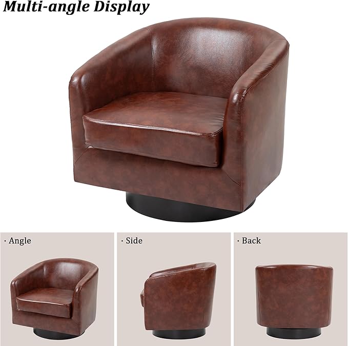 Swivel Barrel Chair Modern Round PU Leather Accent Armchair for Living Room Bedroom Oversized Comfy Club Reading Chairs for Adults (Leather Red Brown Set of 1)