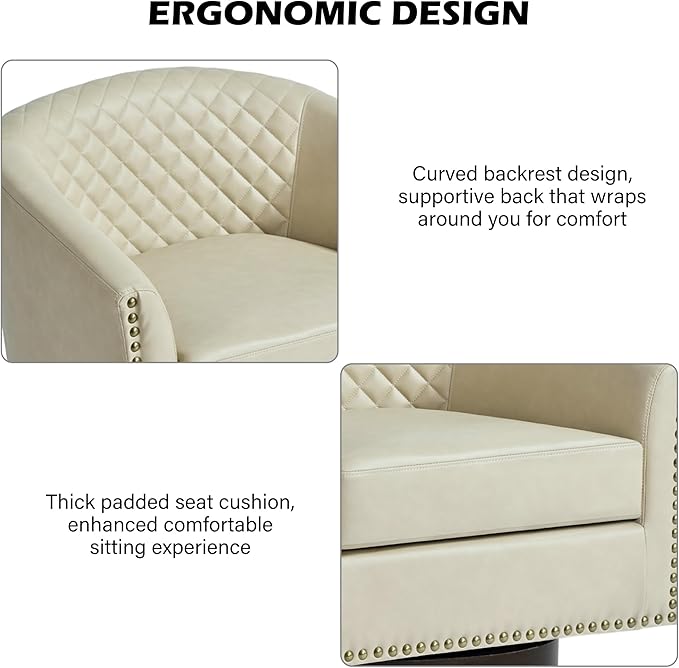 Swivel Barrel Accent Chair Comfy Modern Upholstered Round Faux Leather Arm Chair for Living Room Bedroom（Beige Set of 2