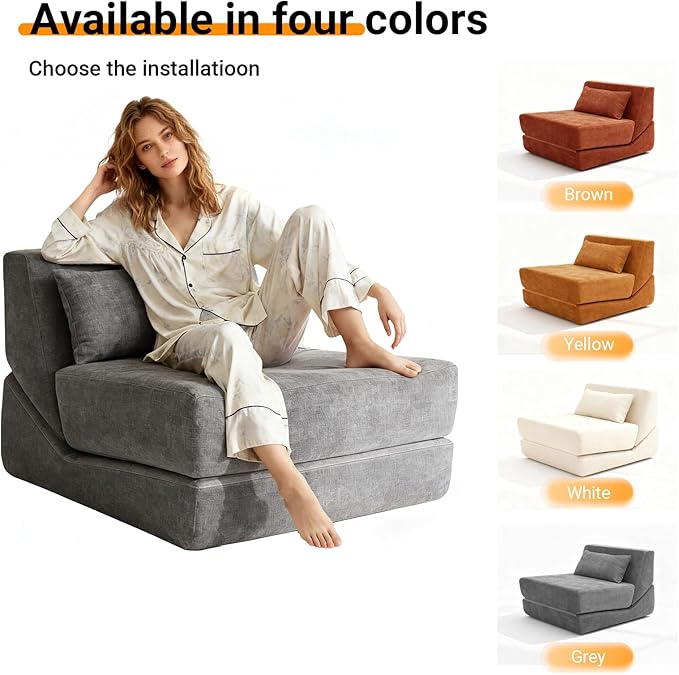 Folding Sofa Bed Chair 3 in 1 Convertible Sleeper Chair Bed w/Pillow Handle Floor Sofa Lounge w/Back Support &amp Removable Washable Cover for Living Room Bedroom Apartment (White) | Washable Cov