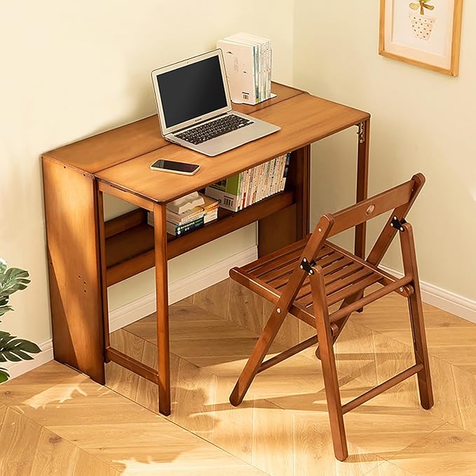 Folding Desk with Bookshelf Bamboo Writing Desk for Small Spaces Portable Study Desk for Students Foldable Computer Desk for Home Office Bedroom Dorm 39.4 x 21.6 Desk Top (Dark Brown)