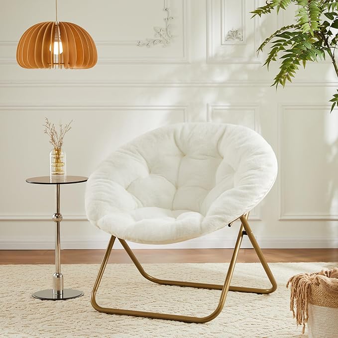 DUMOS Comfy Saucer Chair Faux Fur Lounge Seasting XL Circle Chair for Bedroom Dorm &amp Gaming Foldable Fashion Accent Seat for Small Spaces Folding Moon/Mushroom/Round Oversized StyleWhite
