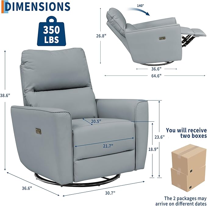 Power Recliner Chair Swivel Glider Faux Leather Upholstered Nursery Rocker Reclining Sofa Chair with Charging Port Curved Armrests &amp Padded Backrest for Living Room and Bedroom (Power Gray)