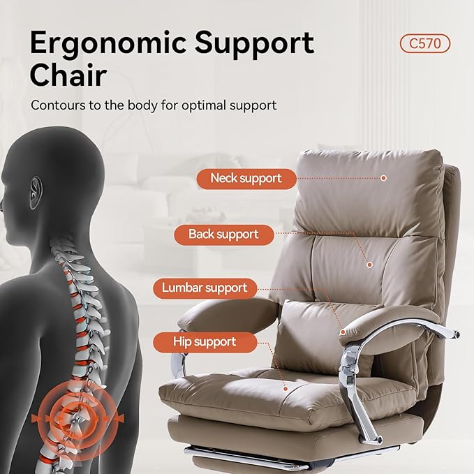 LEAGOO Office Chair with Foot Rest Executive Reclining Office Chairs with Arms Ergonomic High Back PU Leather Comfy Swivel Computer Desk Chairs with Wheels and Lumbar Support for Home Office Tan