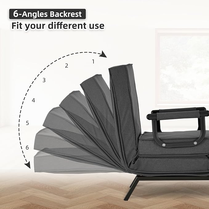Convertible Sofa Bed Sleeper ChairSingle Person Chaise Lounge Couch with PillowUpholstered Lazy Bed with 6 Angles Adjustable BackrestFolding Sofa Arm Chair for Apartment/Office/Home (Dark Gray)