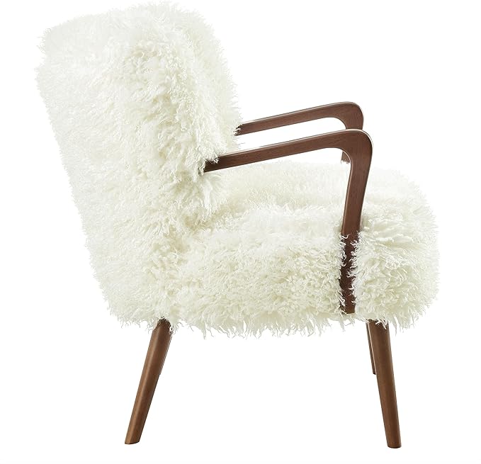 Modway Zerra Upholstered Faux Shearling Lounge Chair in White – Mid-Century Modern Accent Armchair with Wood Frame – Fuzzy Fabric Single Sofa Chair