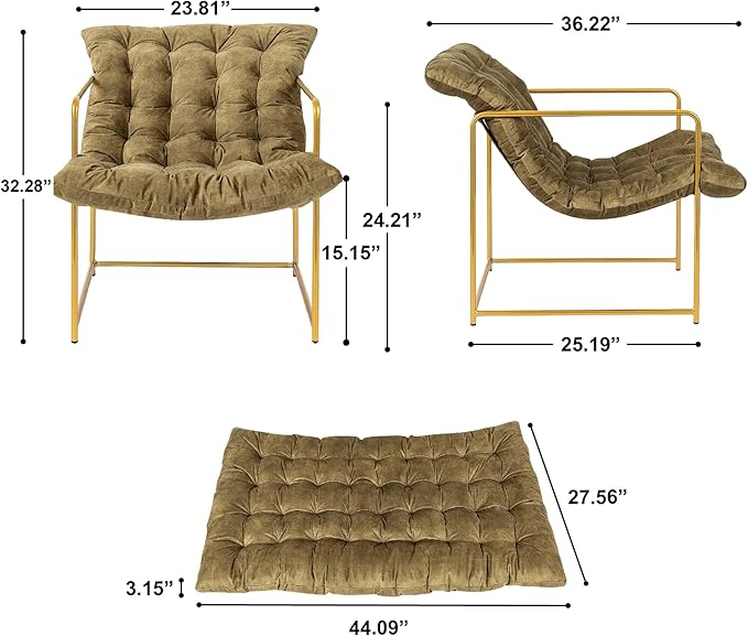 GIA Mid Century Modern Sling Accent Chair for Living Room Bedroom and Office Set of 1 Upholstered in Green Velvet Fabric with Gold Metal Base